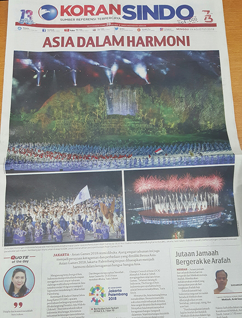  
The joint North Korean-South Korean team at the 2018 Asian Games Opening Ceremony is featured in an Indonesian newspaper. 

